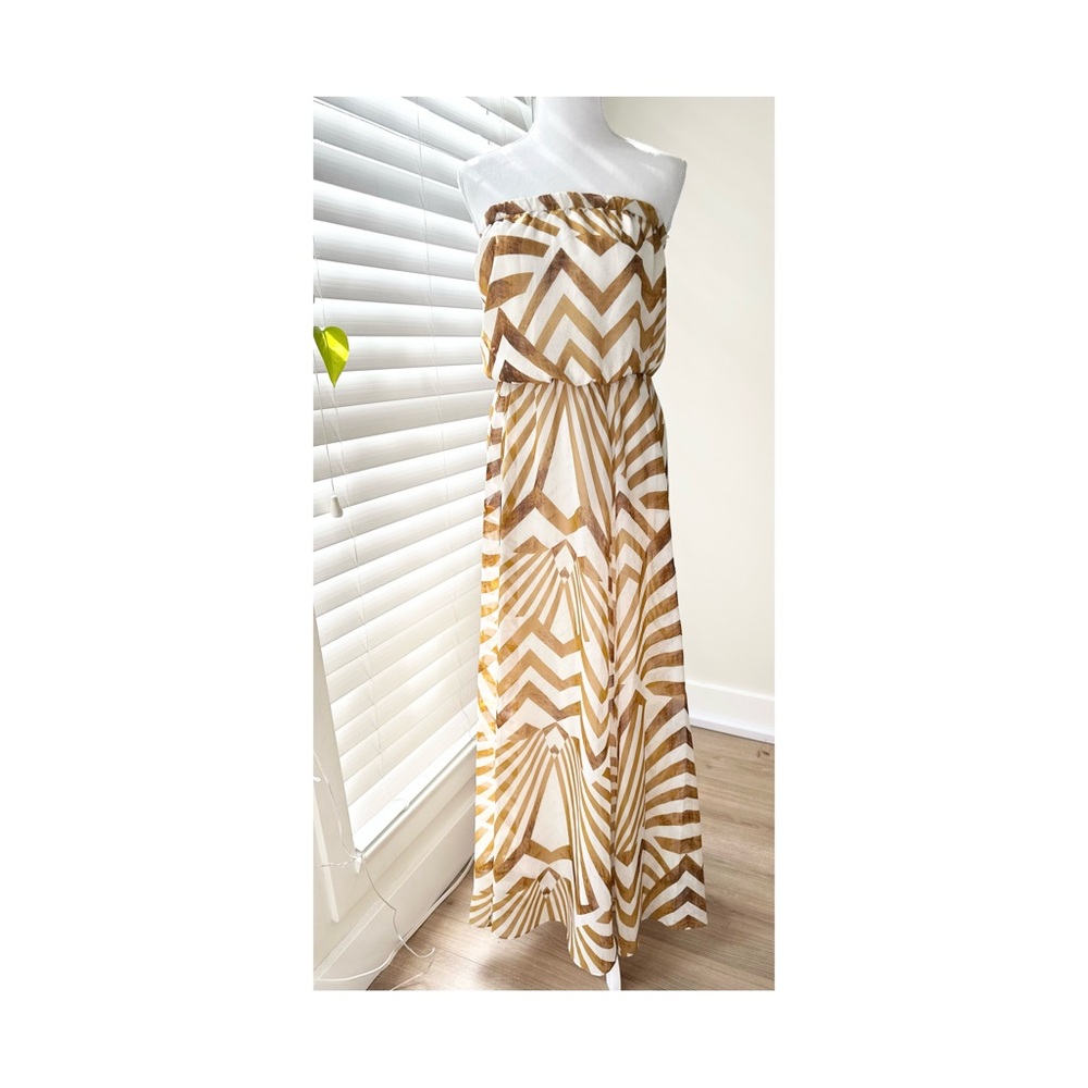 BB Dakota Strapless Chevron Maxi in White and Gold-Tan